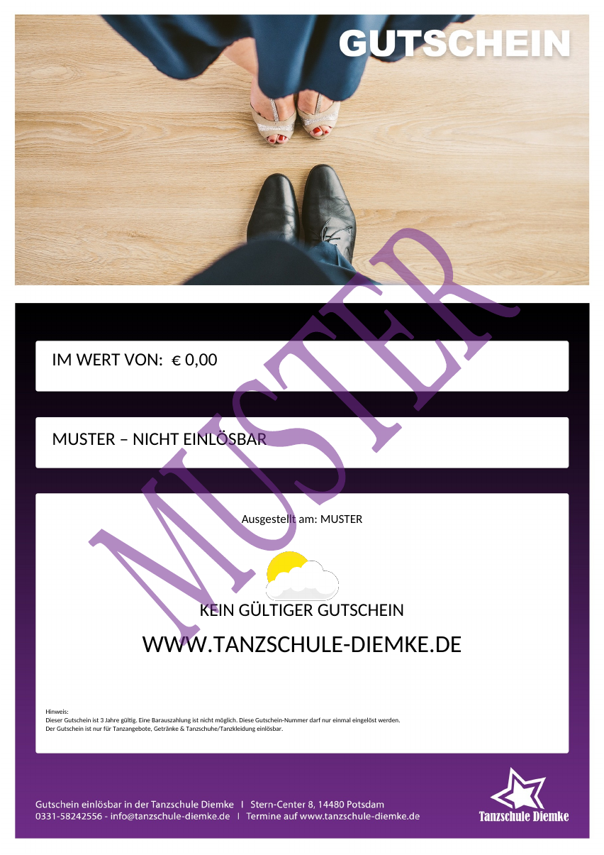 Gutscheinmotiv Basic 2 mit Tanzschuhen. MUSTER – nicht einlösbar.