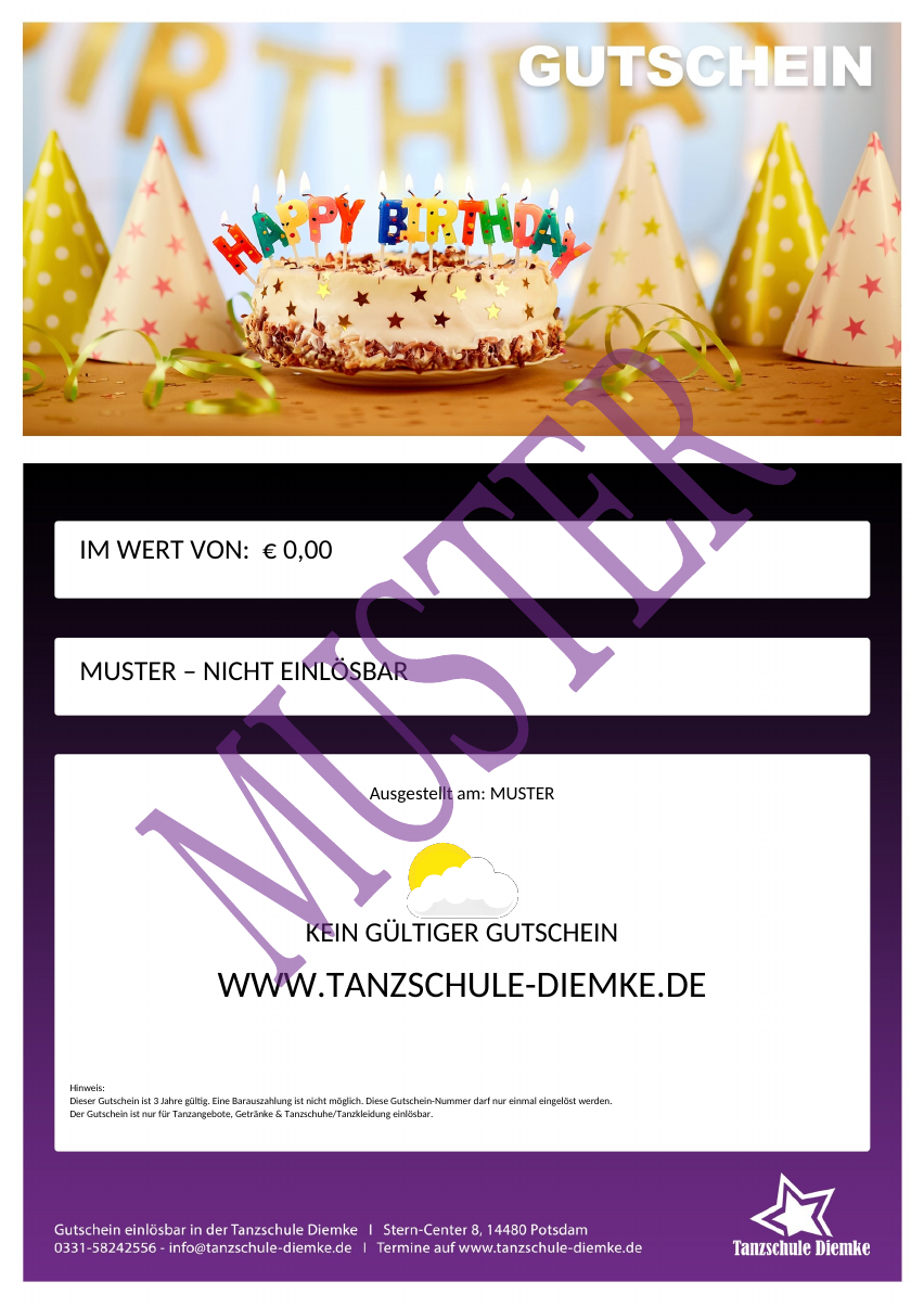 Gutscheinmotiv Geburtstag mit Geburtstagsmotiv. MUSTER – nicht einlösbar.