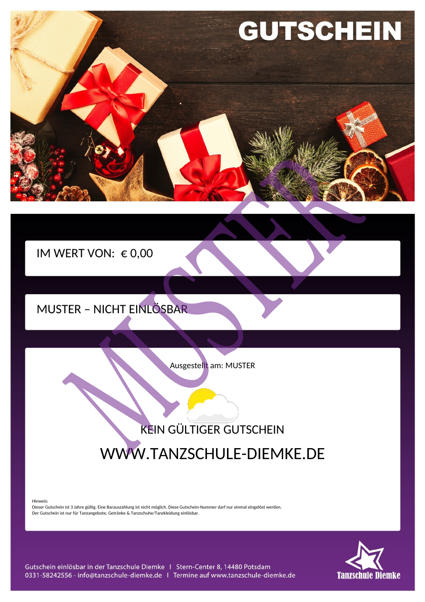 Gutscheinmotiv Weihnachten mit Weihnachtsgeschenken. MUSTER – nicht einlösbar.