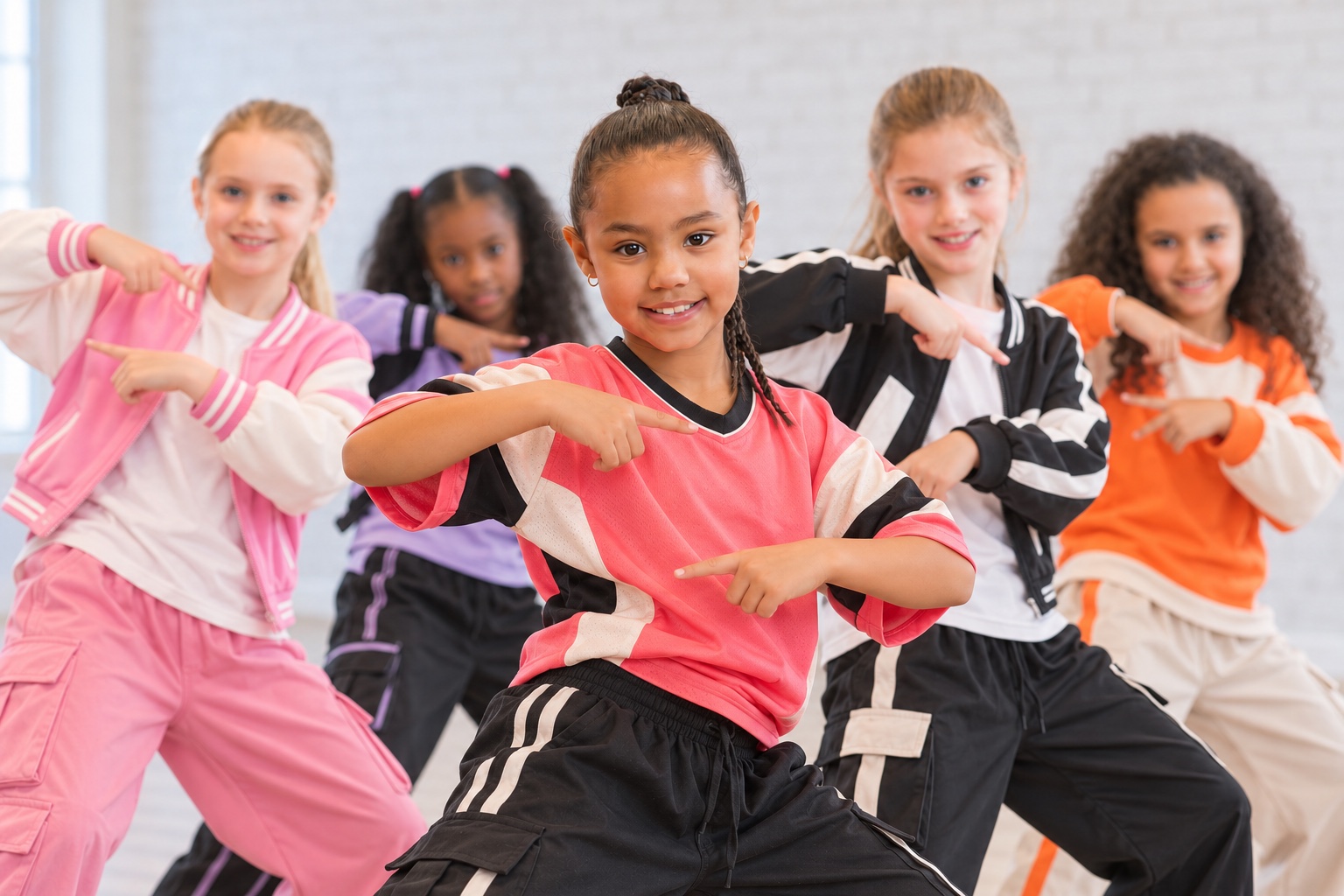 Fünf Mädchen üben eine K-Pop-Choreografie im hellen Tanzstudio