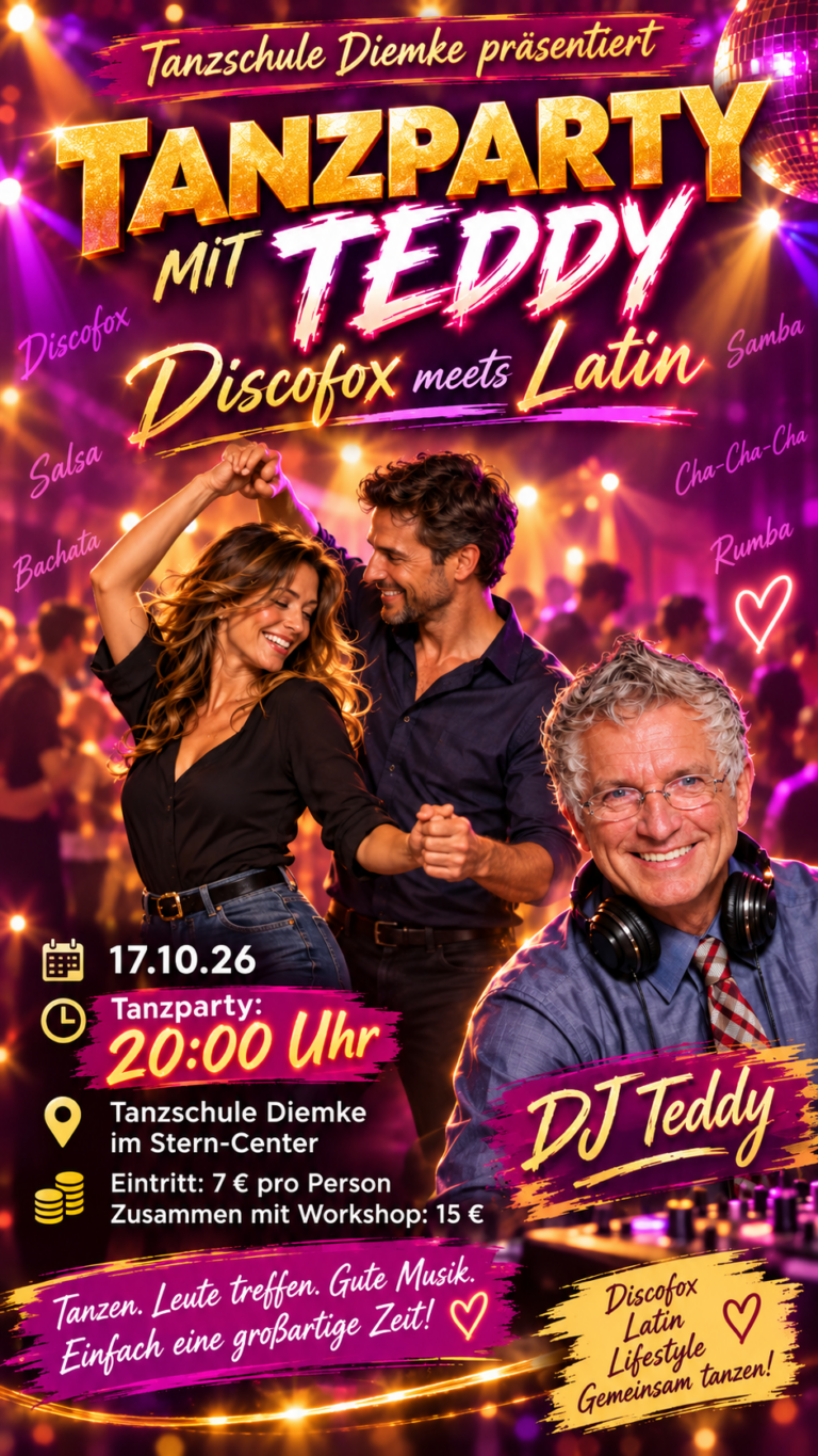 Plakat: Tanzparty mit DJ Teddy am 17. Oktober 2026 um 20 Uhr